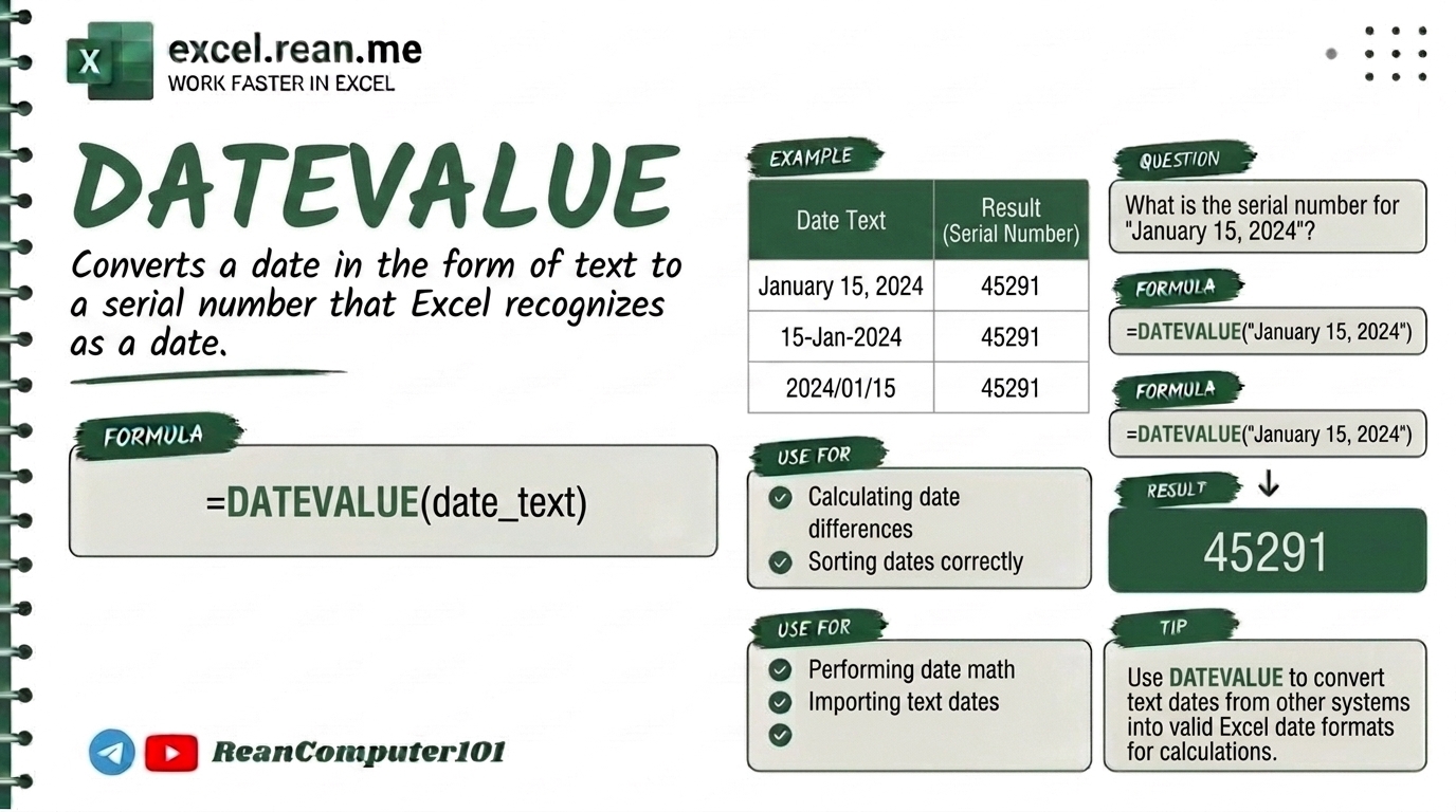 datevalue function in excel example by reancomputer101